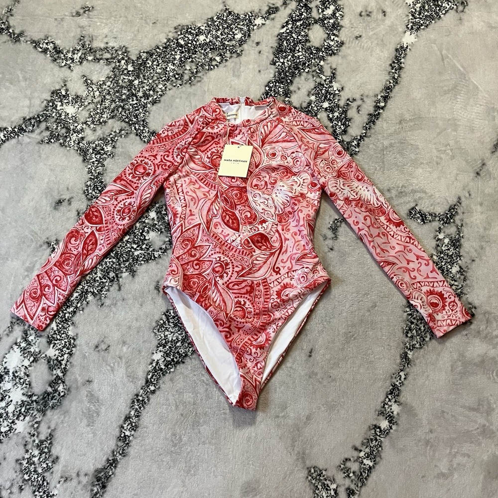 Mara Hoffman‎ Swimsuit Womens Sz S Reese Rashguard Red Pink Paisley Long Sleeve